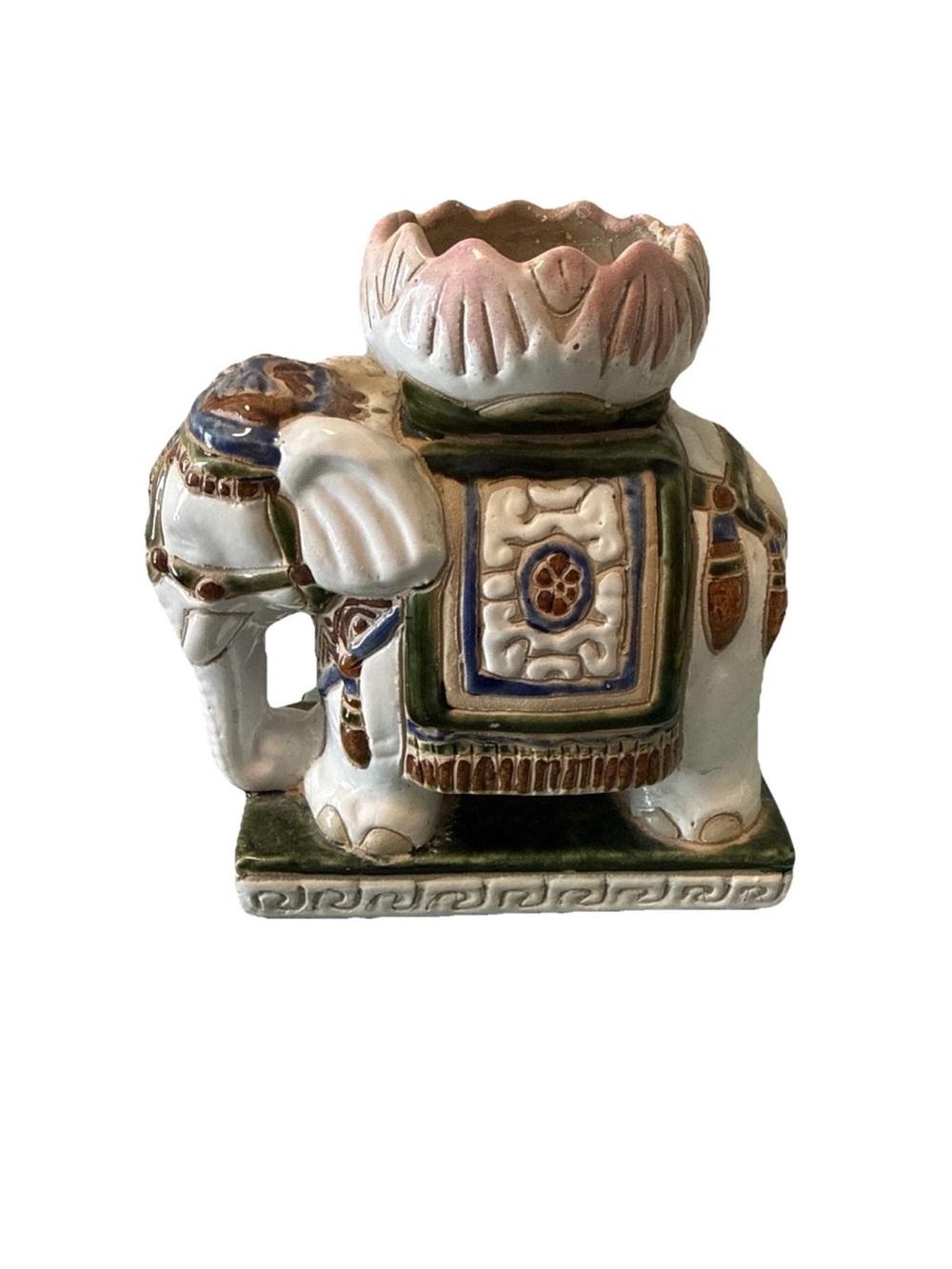 Vietnamese Ceramic Elephant candle holder in White, Green and Pink